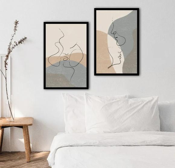 Kit 2 Quadros Decorativos Casal Desenho Moderno Com Moldura