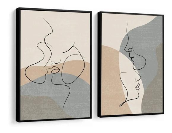 Kit 2 Quadros Decorativos Casal Desenho Moderno Com Moldura