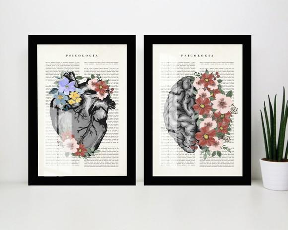 Kit 2 Quadros Decorativos Cérebro Coração Com Moldura Vidro