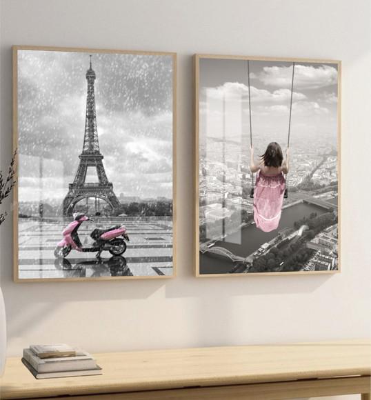 Kit 2 Quadros Decorativos Cidade Torre Eiffel Moldura Vidro