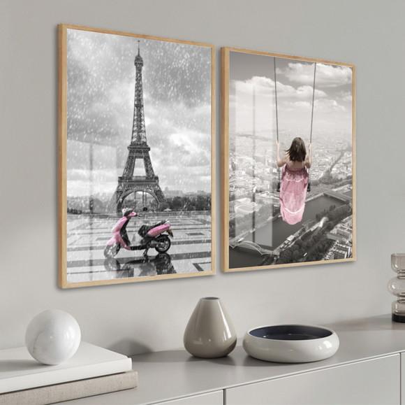 Kit 2 Quadros Decorativos Cidade Torre Eiffel Moldura Vidro