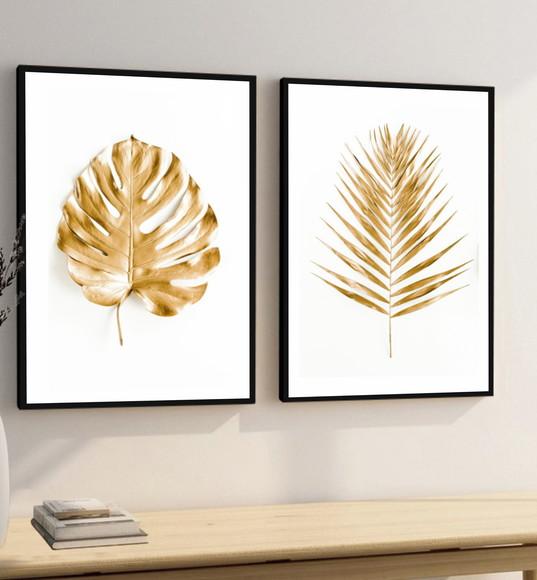 Kit 2 Quadros Decorativos Costela De Adão Folhagem Dourada