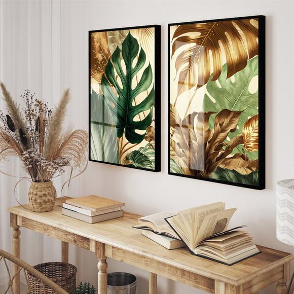 Kit 2 Quadros Decorativos Costela Adão Dourada Moldura Vidro