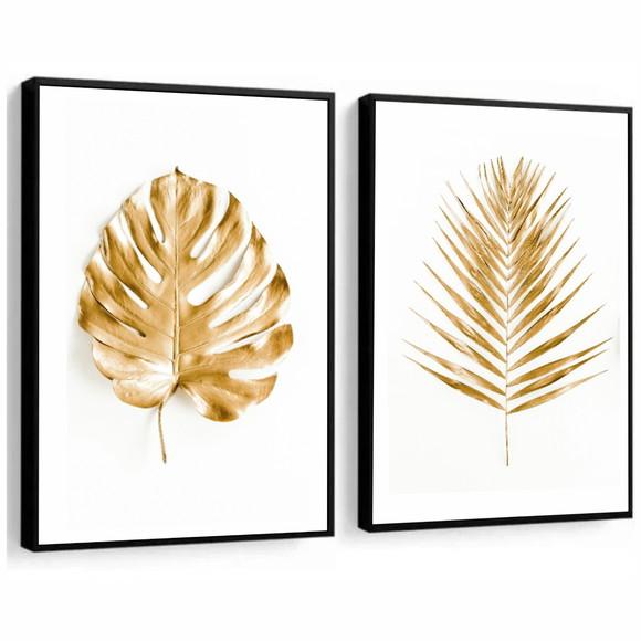 Kit 2 Quadros Decorativos Costela De Adão Folhagem Dourada
