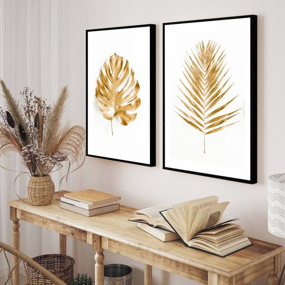 Kit 2 Quadros Decorativos Costela De Adão Folhagem Dourada
