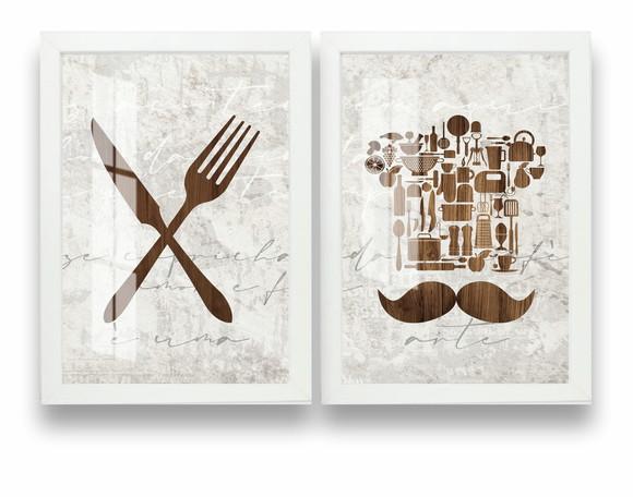 Kit 2 Quadros Decorativos Cozinha Talher Com Moldura e Vidro