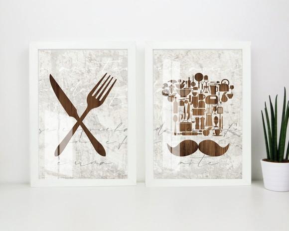 Kit 2 Quadros Decorativos Cozinha Talher Com Moldura e Vidro