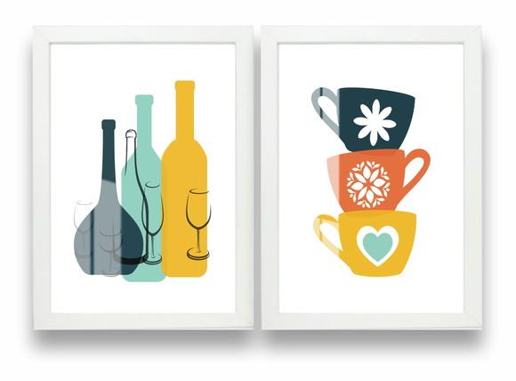 Kit 2 Quadros Decorativos Cozinha Xícara Com Moldura e Vidro
