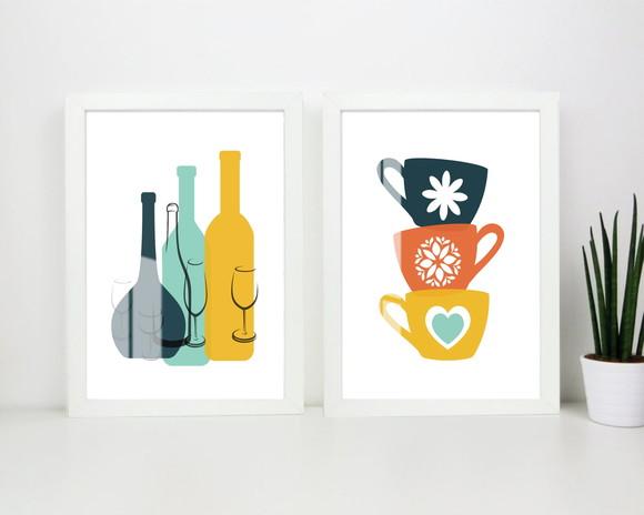 Kit 2 Quadros Decorativos Cozinha Xícara Com Moldura e Vidro