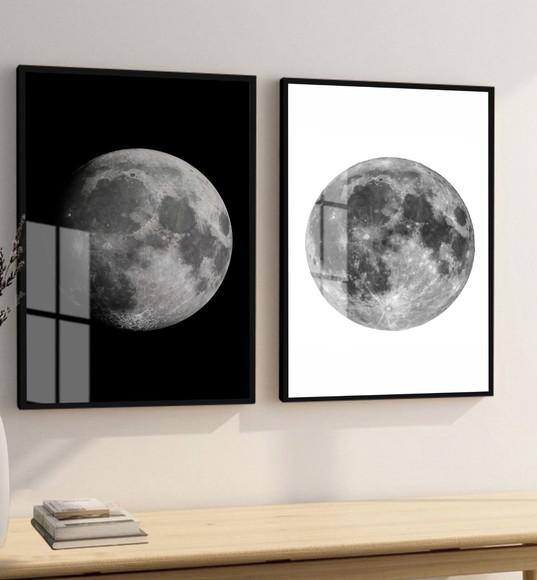 Kit 2 Quadros Decorativos de Lua Preto e Branco com Vidro