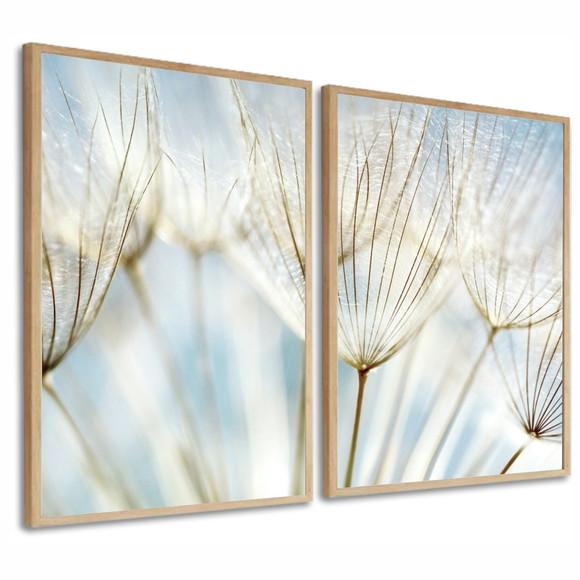 Kit 2 Quadros Decorativos Dente de Leão Azul Flores Moldura
