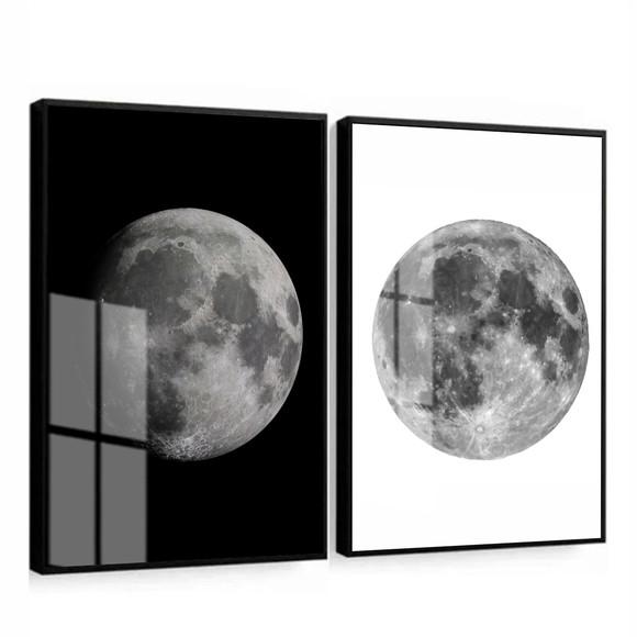 Kit 2 Quadros Decorativos de Lua Preto e Branco com Vidro