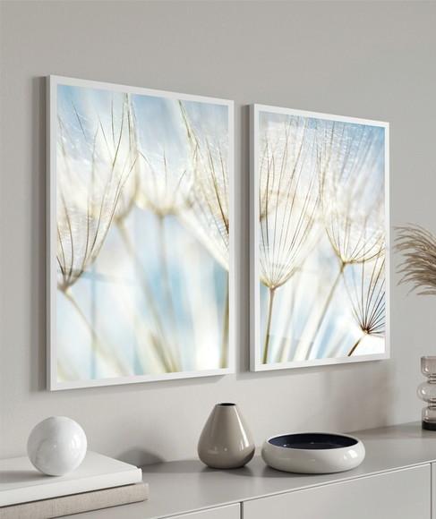 Kit 2 Quadros Decorativos Dente de Leão Azul Moldura e Vidro