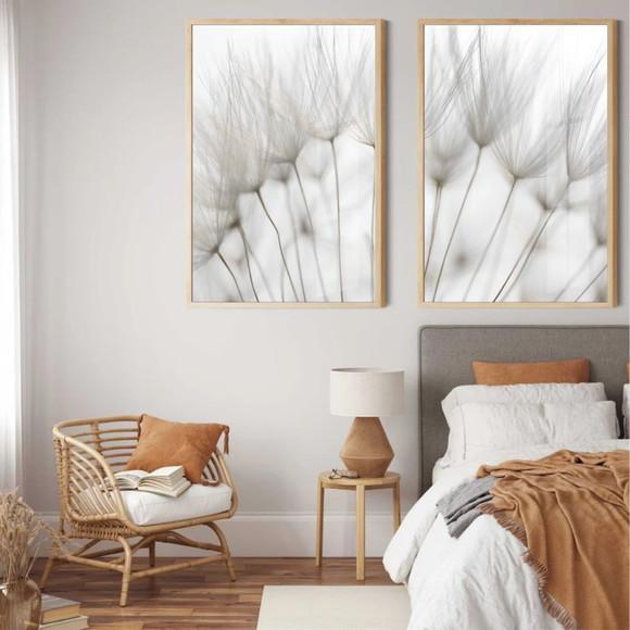 Kit 2 Quadros Decorativos Dente De Leão Flor Moldura e Vidro
