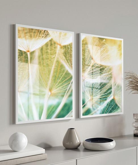 Kit 2 Quadros Decorativos Dente de Leão Floral Moldura Vidro