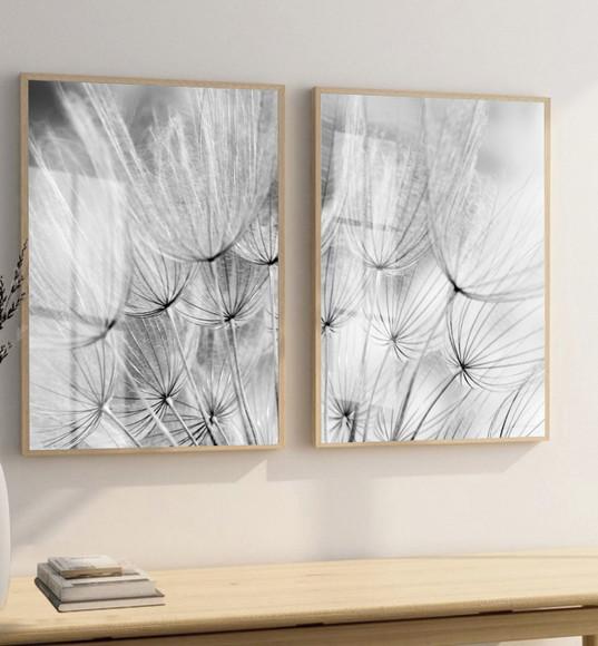 Kit 2 Quadros Decorativos Dente de Leão Preto e Branco Vidro