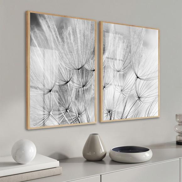 Kit 2 Quadros Decorativos Dente de Leão Preto e Branco Vidro