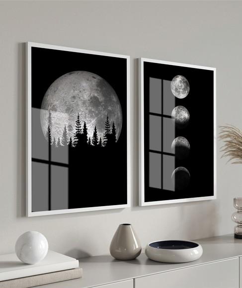 Kit 2 Quadros Decorativos Fases Da Lua Com Moldura E Vidro