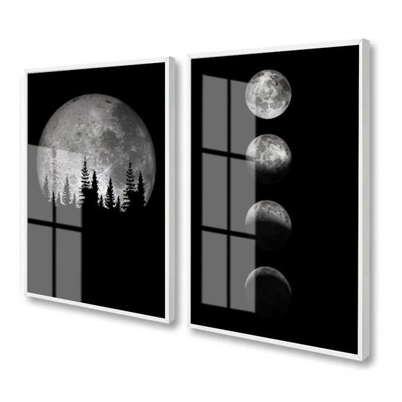 Kit 2 Quadros Decorativos Fases Da Lua Com Moldura E Vidro