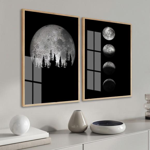Kit 2 Quadros Decorativos Fases Da Lua Com Moldura E Vidro