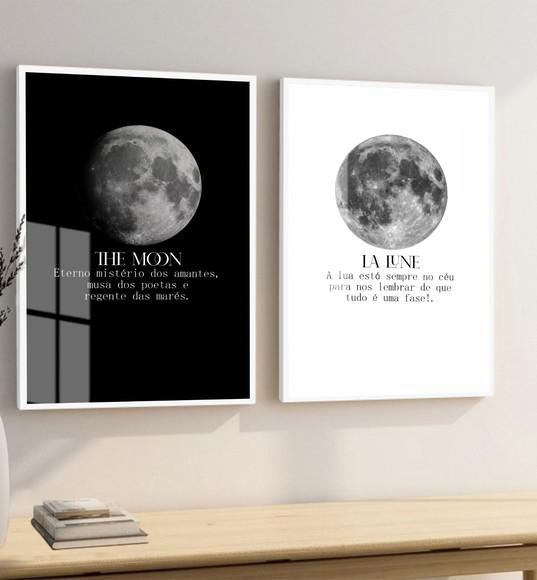 Kit 2 Quadros Decorativos Fases da Lua Moderno Frases Vidro