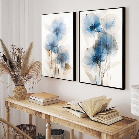 Kit 2 Quadros Decorativos Flor Azul Sala Hall Luxo com Vidro