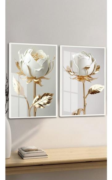 Kit 2 Quadros Decorativos Flor Branca Dourada Moldura Vidro
