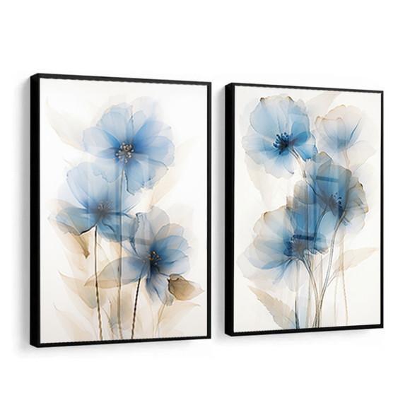 Kit 2 Quadros Decorativos Flor Azul Sala Hall Luxo com Vidro