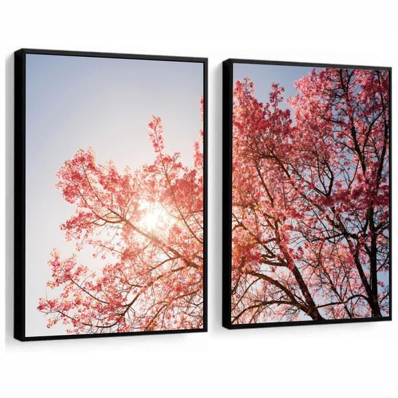 Kit 2 Quadros Decorativos Flor De Cerejeira Arvore Moldura