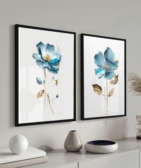 Kit 2 Quadros Decorativos Flores Azul com Moldura e Vidro