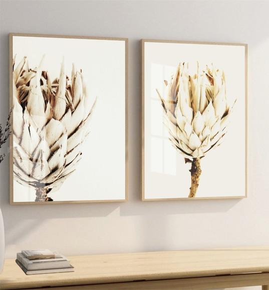 Kit 2 Quadros Decorativos Flores Bege Com Moldura E Vidro