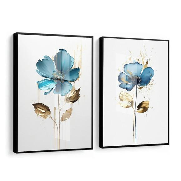 Kit 2 Quadros Decorativos Flores Azul com Moldura e Vidro