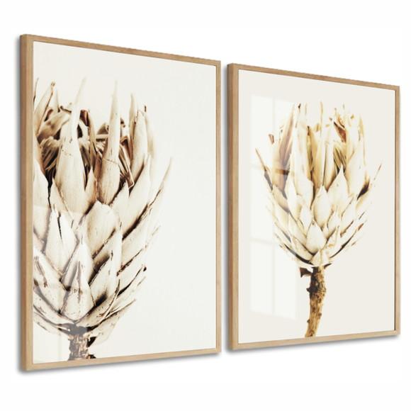 Kit 2 Quadros Decorativos Flores Bege Com Moldura E Vidro
