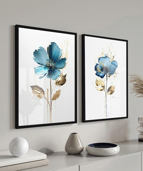 Kit 2 Quadros Decorativos Flores Azul com Moldura e Vidro