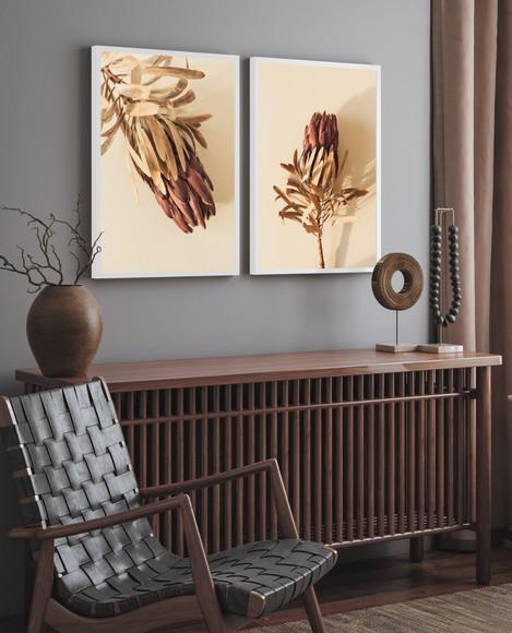 Kit 2 Quadros Decorativos Flores Bege Folhagem com Moldura