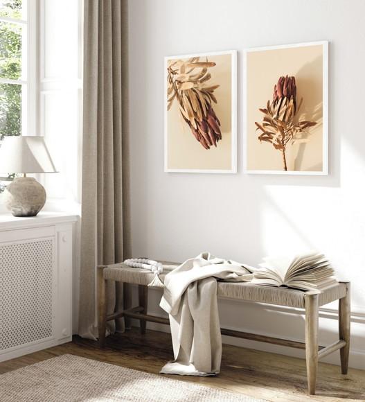 Kit 2 Quadros Decorativos Flores Bege Folhagem com Moldura