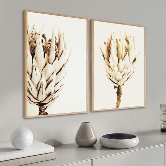 Kit 2 Quadros Decorativos Flores Bege Para Sala Com Moldura