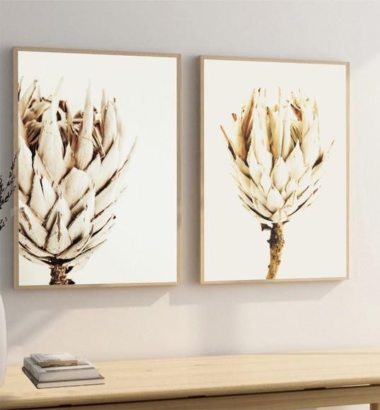 Kit 2 Quadros Decorativos Flores Bege Para Sala Com Moldura