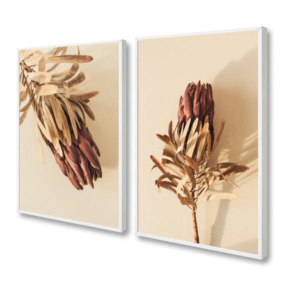 Kit 2 Quadros Decorativos Flores Bege Folhagem com Moldura