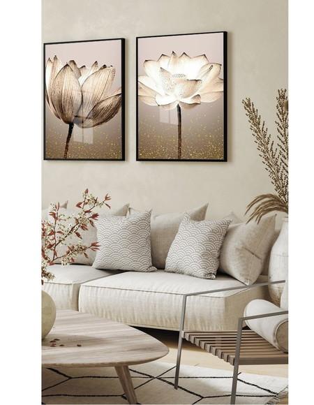 Kit 2 Quadros Decorativos Flores Bege Moderna Boho com Vidro