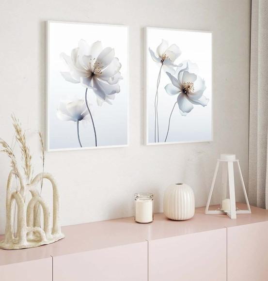 Kit 2 Quadros Decorativos Flores Brancas com Moldura e Vidro