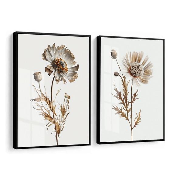 Kit 2 Quadros Decorativos Flores Brancas com Moldura e Vidro