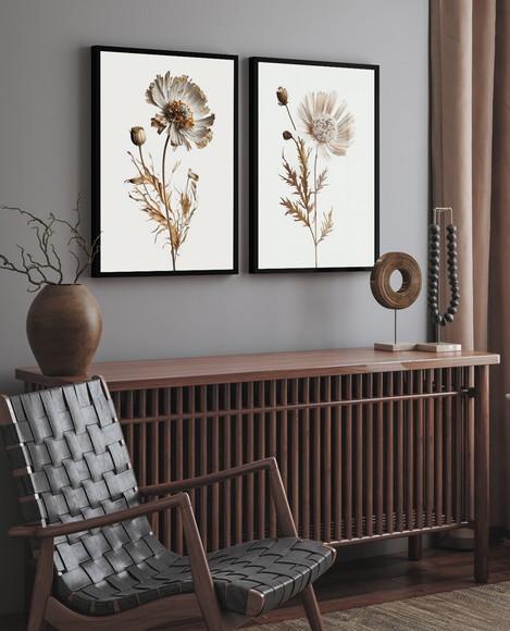 Kit 2 Quadros Decorativos Flores Brancas com Moldura e Vidro