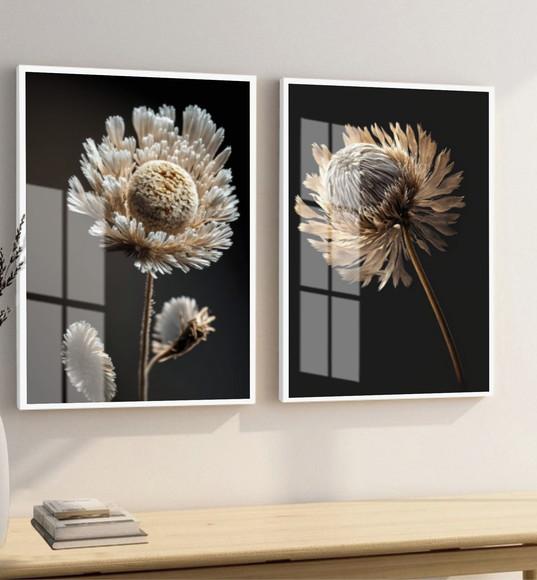 Kit 2 Quadros Decorativos Flores Brancas com Moldura e Vidro