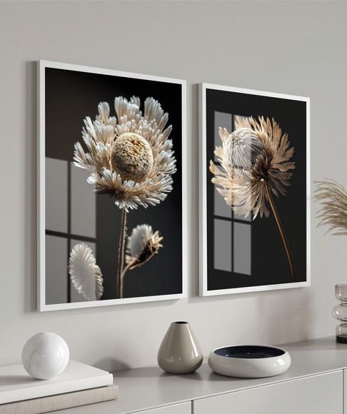 Kit 2 Quadros Decorativos Flores Brancas com Moldura e Vidro