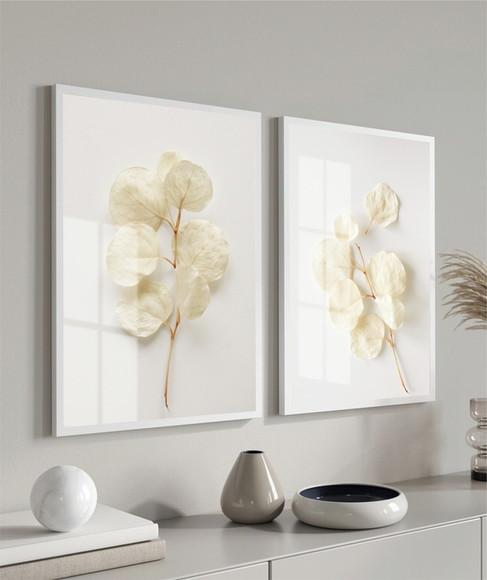 Kit 2 Quadros Decorativos Flores Brancas com Moldura e Vidro