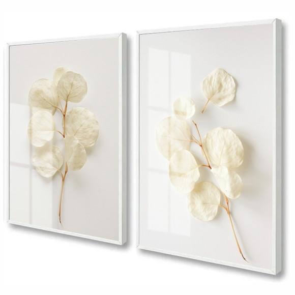 Kit 2 Quadros Decorativos Flores Brancas Com Moldura E Vidro