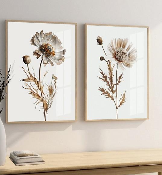 Kit 2 Quadros Decorativos Flores Brancas com Vidro e Moldura