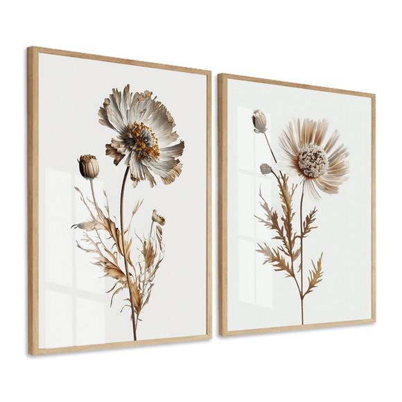 Kit 2 Quadros Decorativos Flores Brancas com Vidro e Moldura