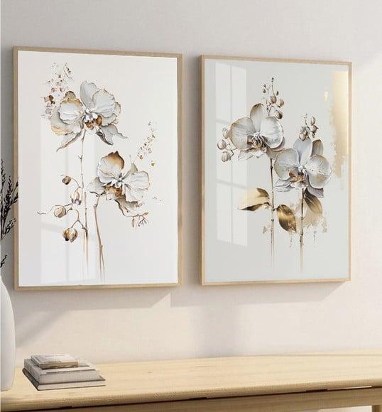 Kit 2 Quadros Decorativos Flores Brancas Gold Moldura Vidro
